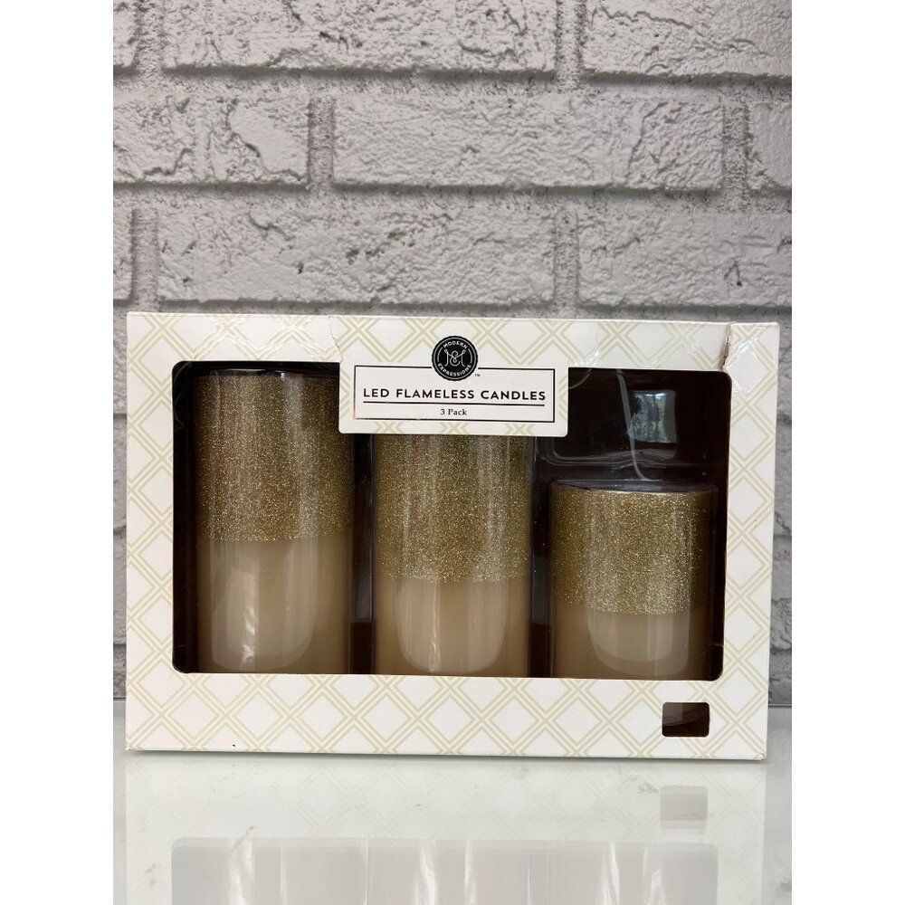 Modern Expressions Led Flameless Gold Candles Lot Of 3 With Remote Control